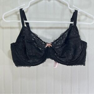 Victoria's Secret Body by Victoria Black Lace Unlined Demi Bra with Pink Bow 38D